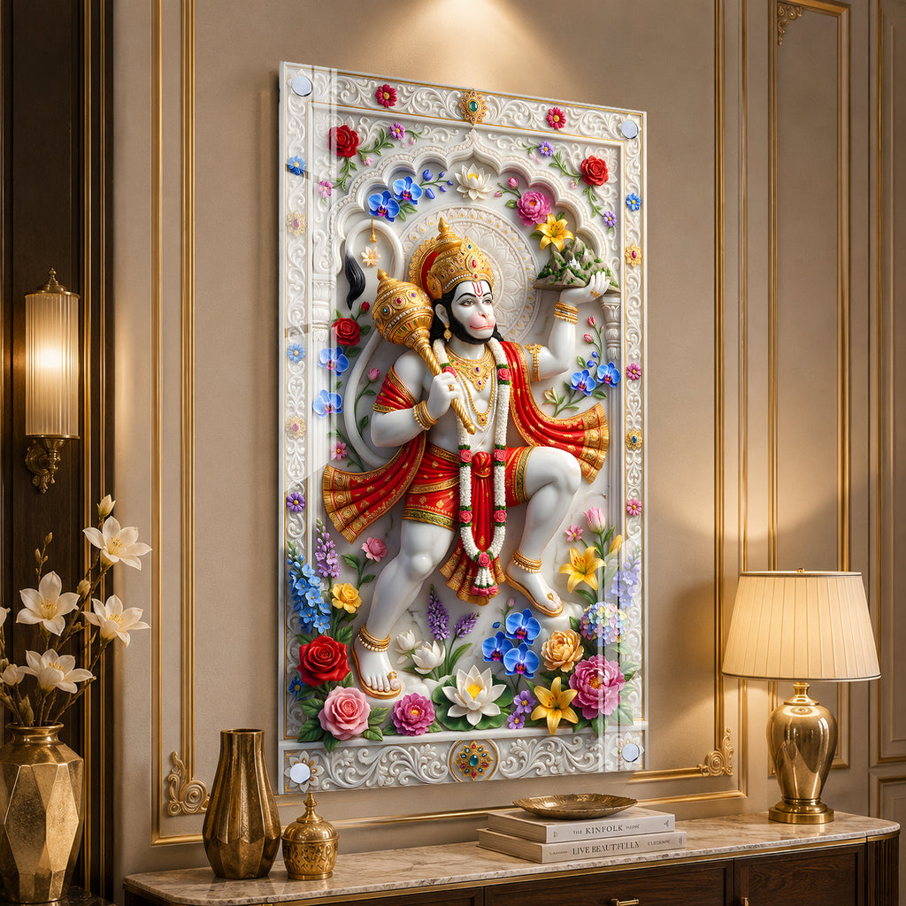 Powerful Lord Hanuman with Sanjeevani Mountain Acrylic Wall Art for Home Temple