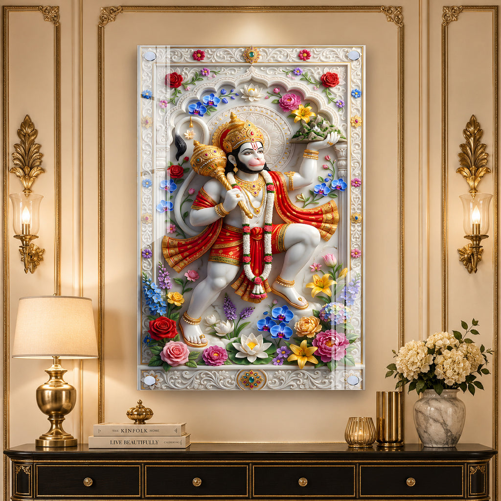 Powerful Lord Hanuman with Sanjeevani Mountain Acrylic Wall Art for Home Temple