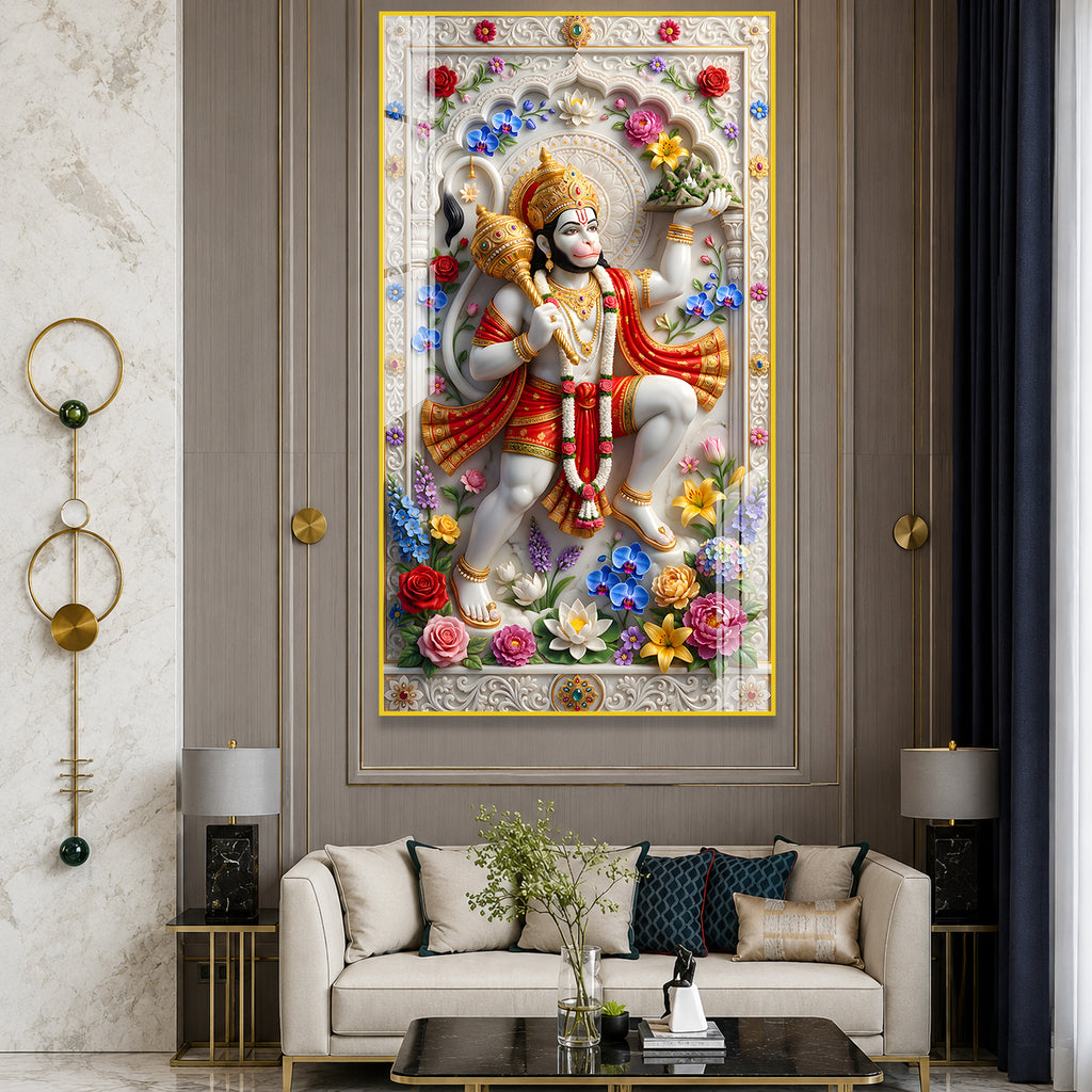 Powerful Lord Hanuman with Sanjeevani Mountain Acrylic Wall Art for Home Temple