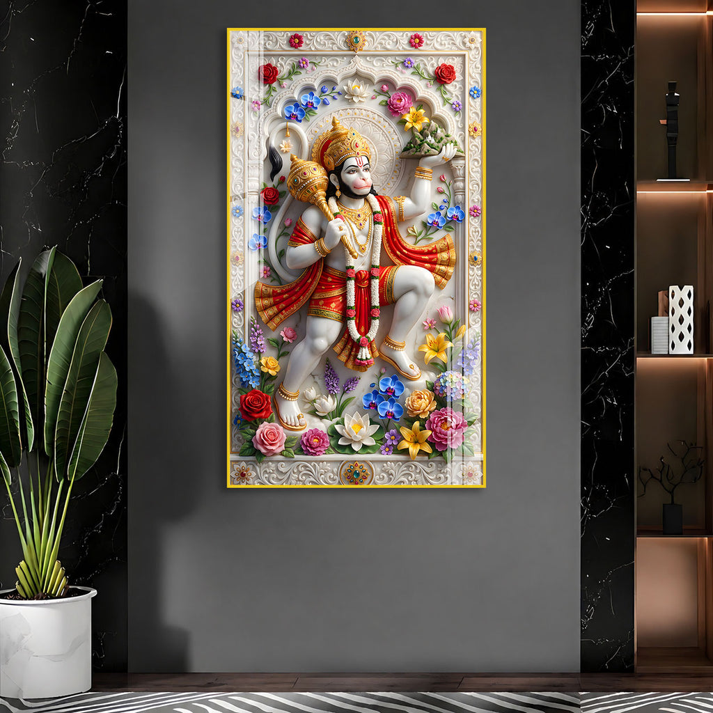 Powerful Lord Hanuman with Sanjeevani Mountain Acrylic Wall Art for Home Temple