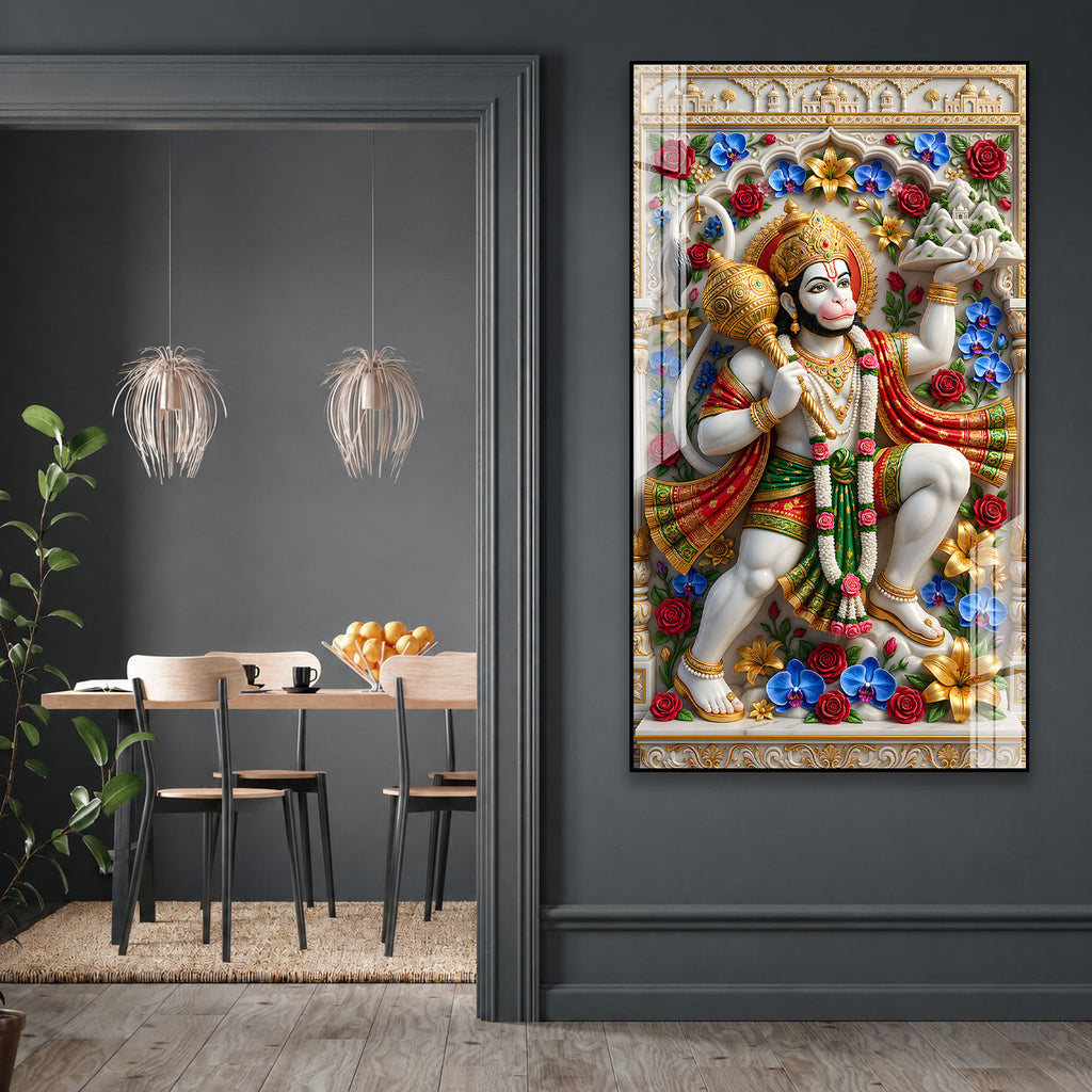 Traditional Lord Hanuman Sanjeevani Mountain Acrylic Print for Home Mandir Decor
