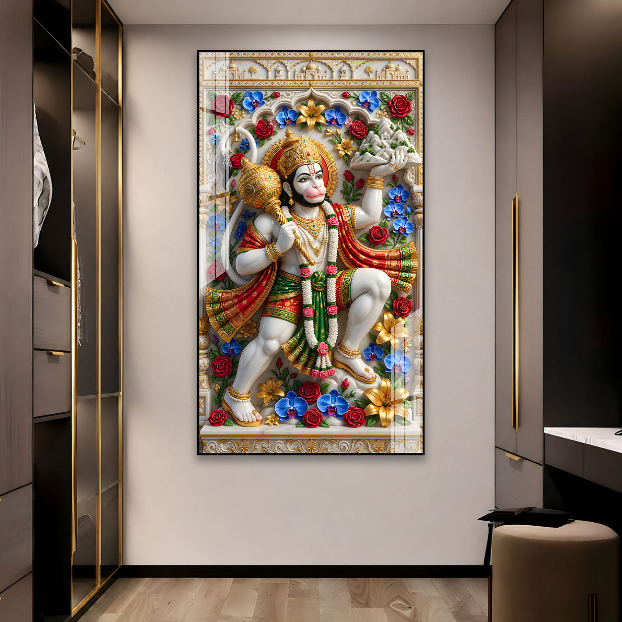 Traditional Lord Hanuman Sanjeevani Mountain Acrylic Print for Home Mandir Decor