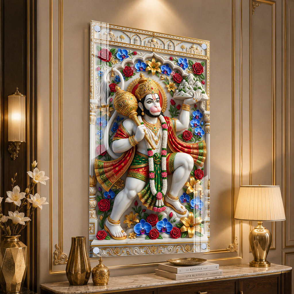 Traditional Lord Hanuman Sanjeevani Mountain Acrylic Print for Home Mandir Decor