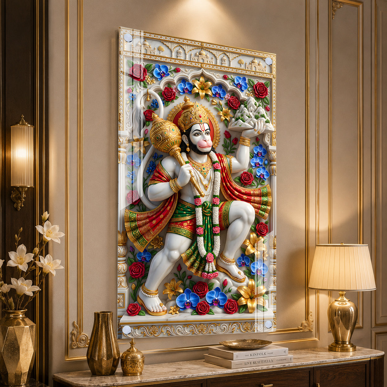 Traditional Lord Hanuman Sanjeevani Mountain Acrylic Print for Home Mandir Decor