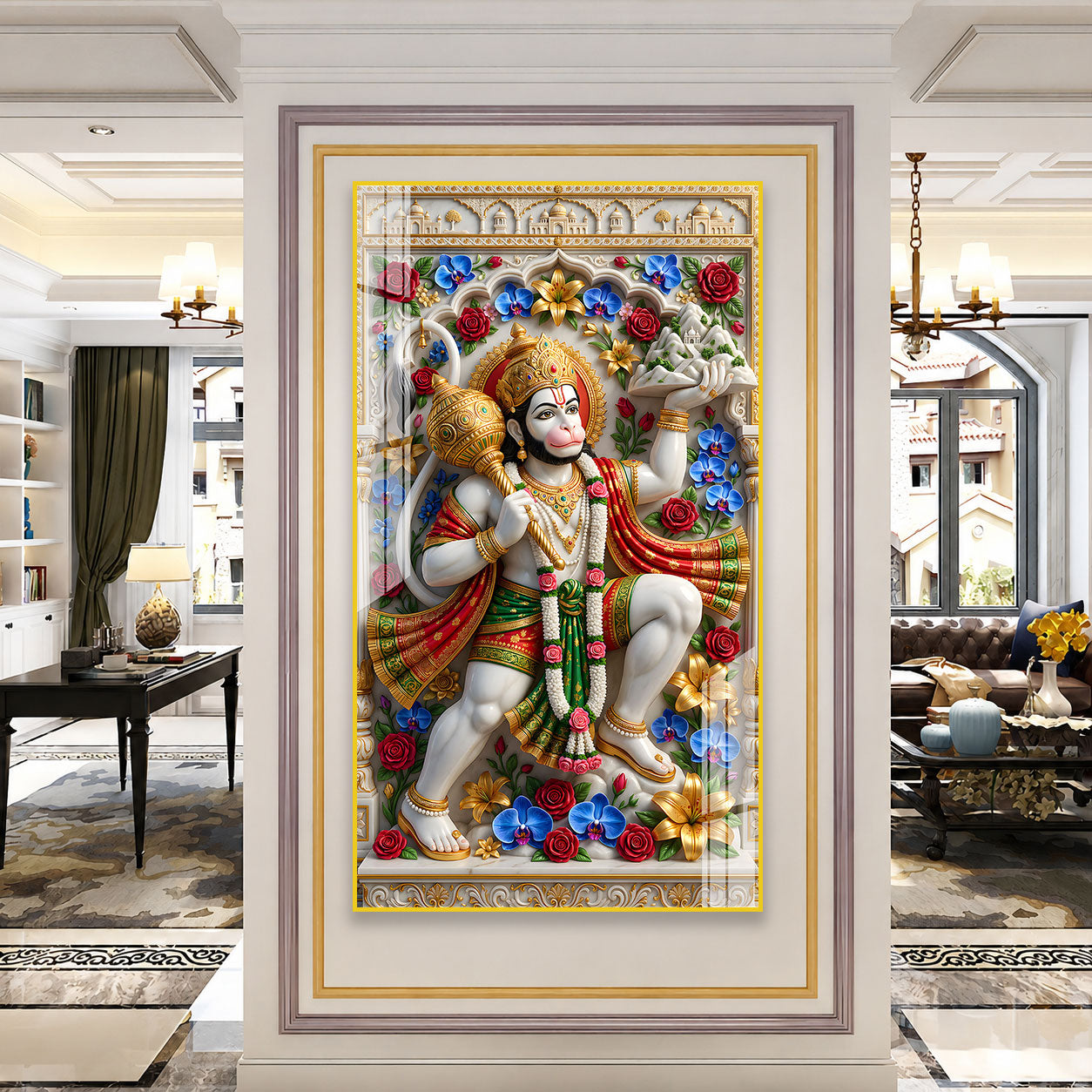 Traditional Lord Hanuman Sanjeevani Mountain Acrylic Print for Home Mandir Decor