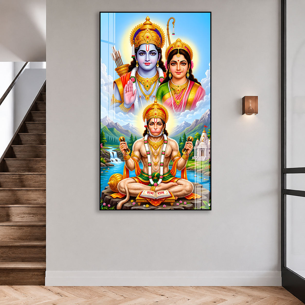 Luxury Lord Hanuman Devotional Acrylic Painting with Ram Sita Divine Wall Decor