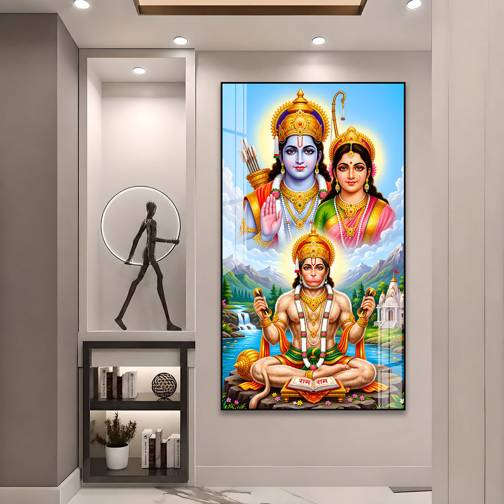 Luxury Lord Hanuman Devotional Acrylic Painting with Ram Sita Divine Wall Decor