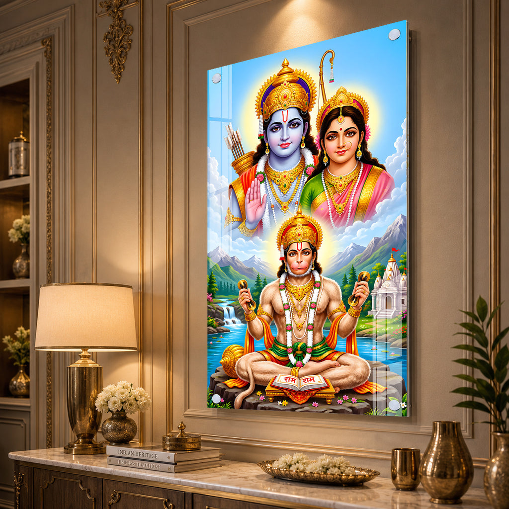Luxury Lord Hanuman Devotional Acrylic Painting with Ram Sita Divine Wall Decor