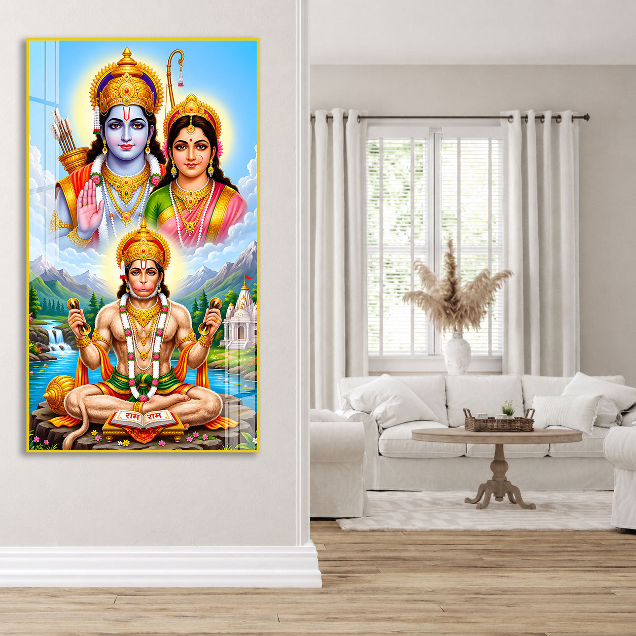 Luxury Lord Hanuman Devotional Acrylic Painting with Ram Sita Divine Wall Decor