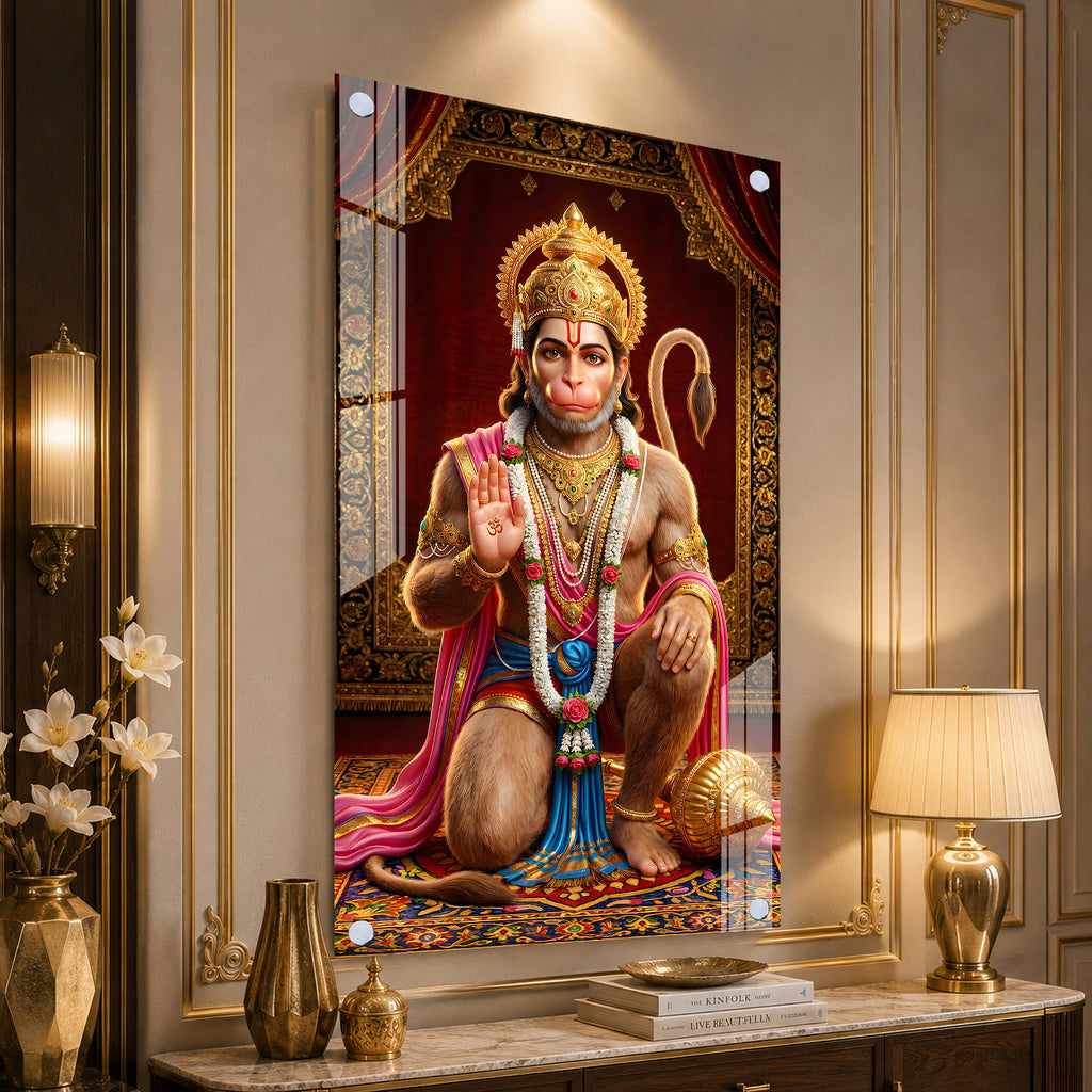 Lord Hanuman Spiritual Acrylic Painting with Golden Temple Background Wall Decor