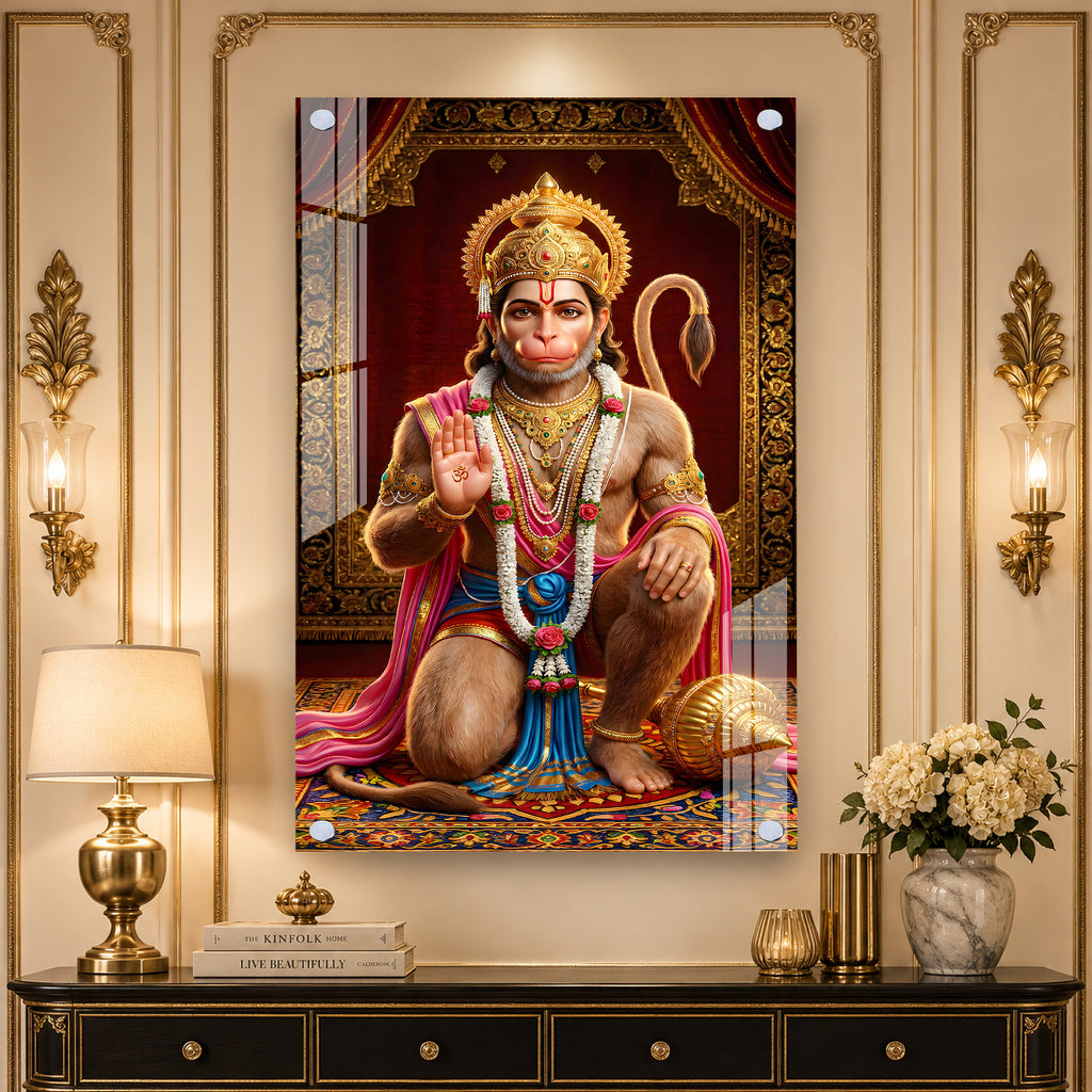 Lord Hanuman Spiritual Acrylic Painting with Golden Temple Background Wall Decor