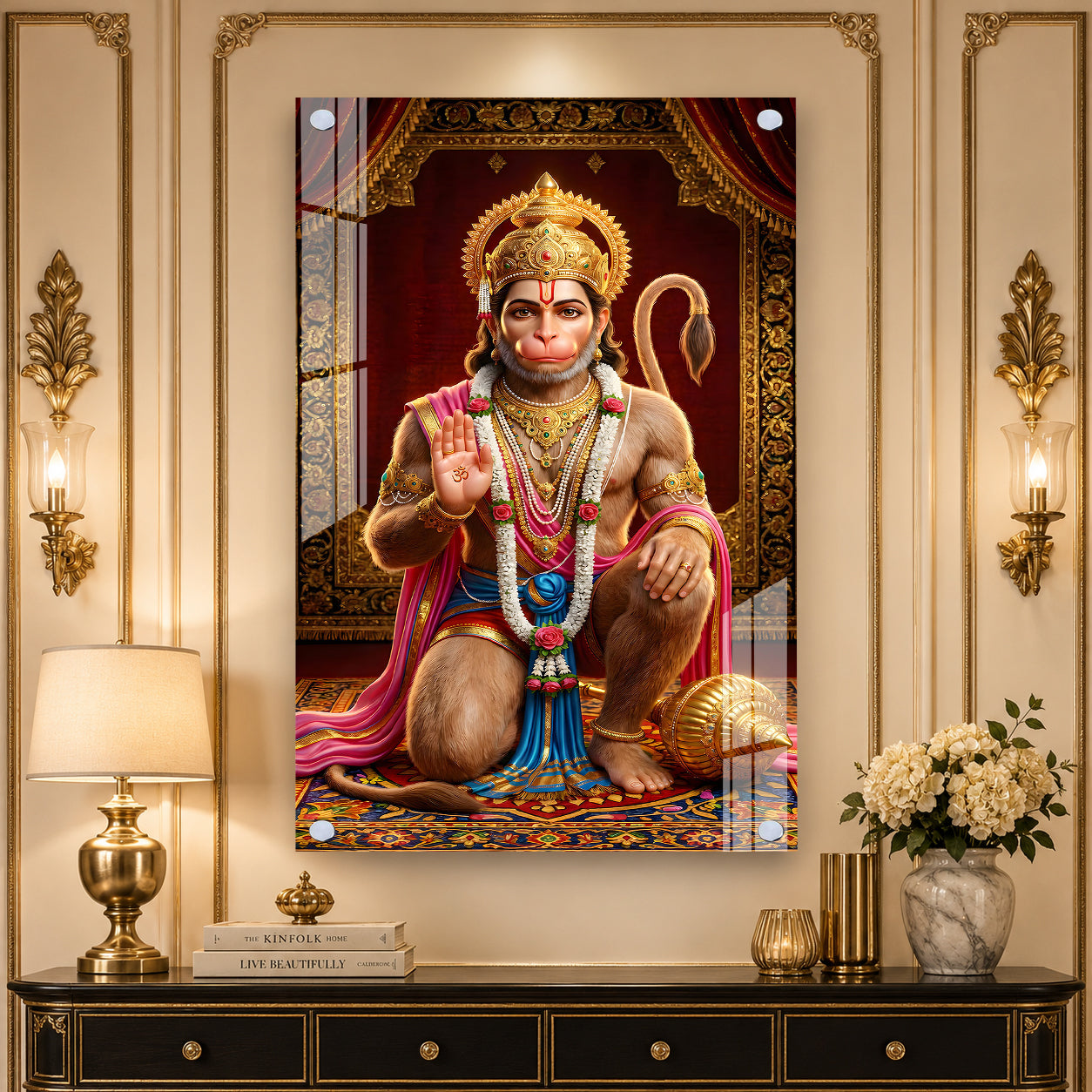 Lord Hanuman Spiritual Acrylic Painting with Golden Temple Background Wall Decor
