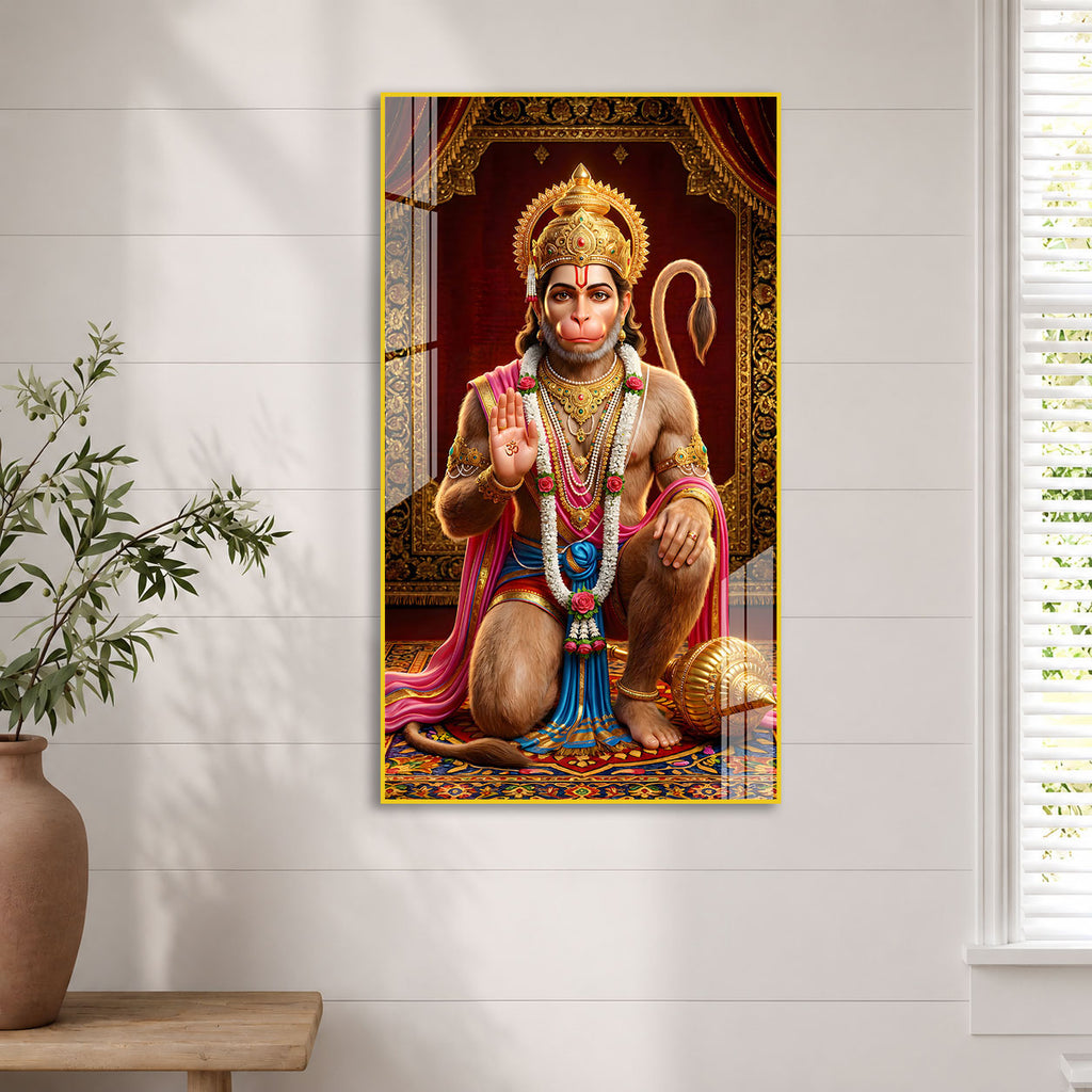 Lord Hanuman Spiritual Acrylic Painting with Golden Temple Background Wall Decor