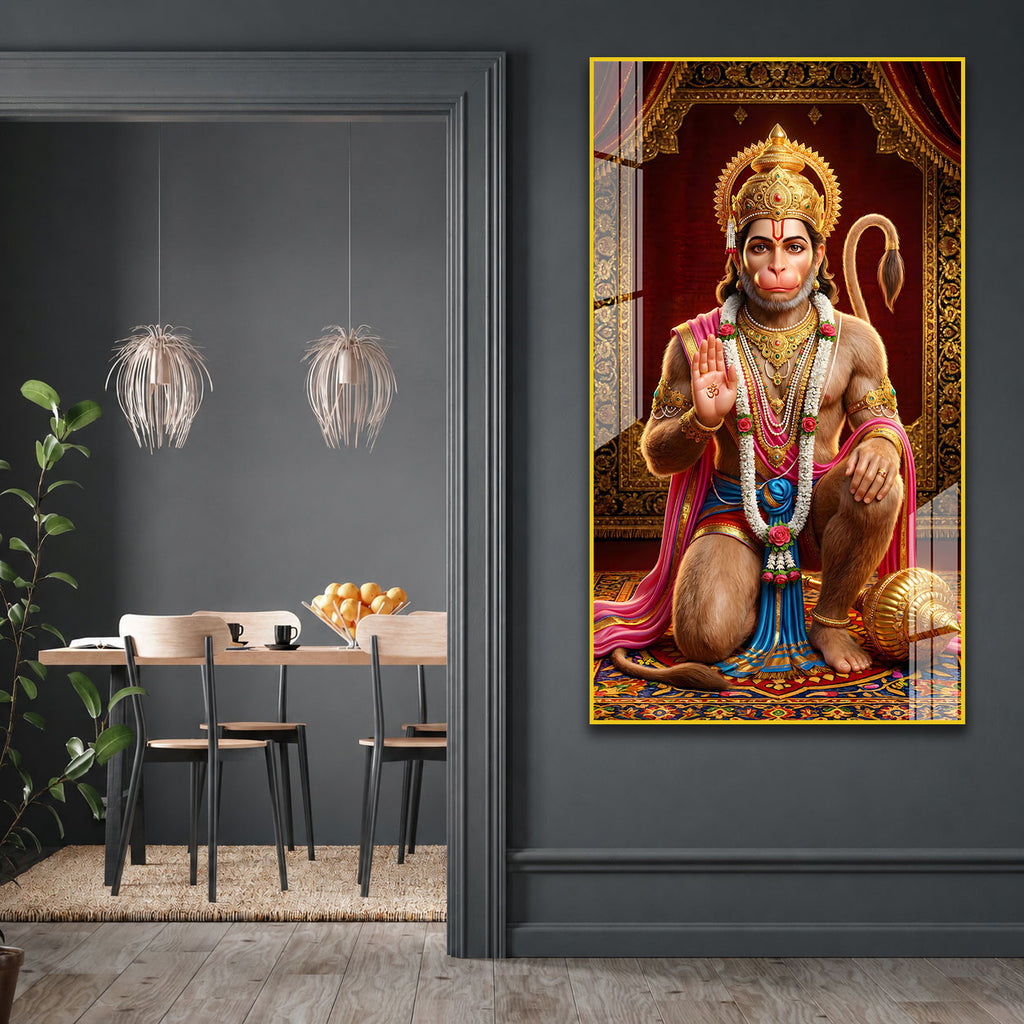 Lord Hanuman Spiritual Acrylic Painting with Golden Temple Background Wall Decor