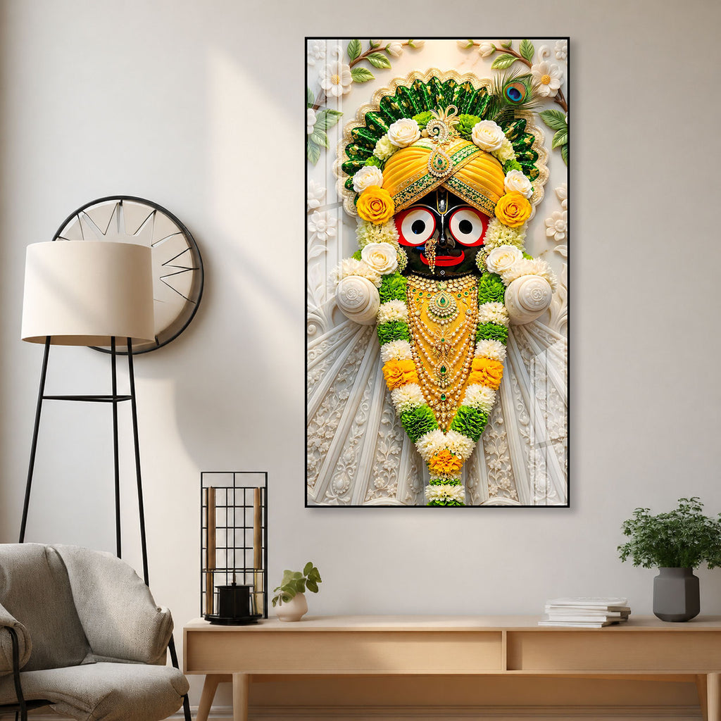 Exclusive Lord Jagannath Acrylic Marble Style Wall Painting with Elegant Floral Temple Design