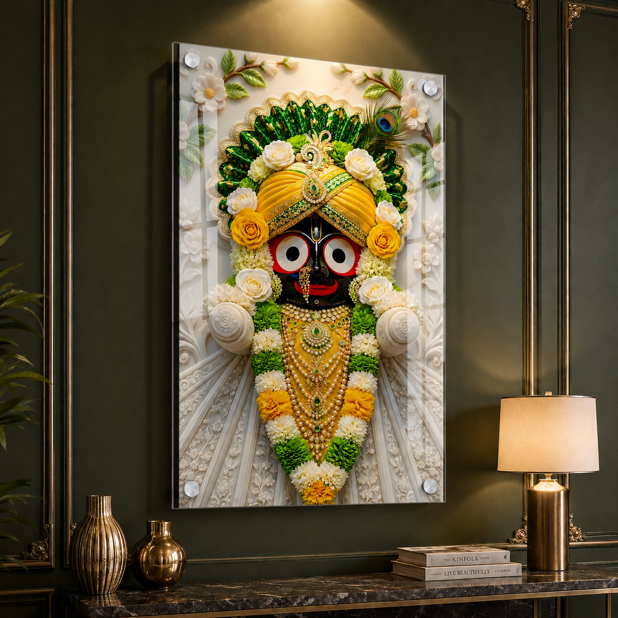 Exclusive Lord Jagannath Acrylic Marble Style Wall Painting with Elegant Floral Temple Design