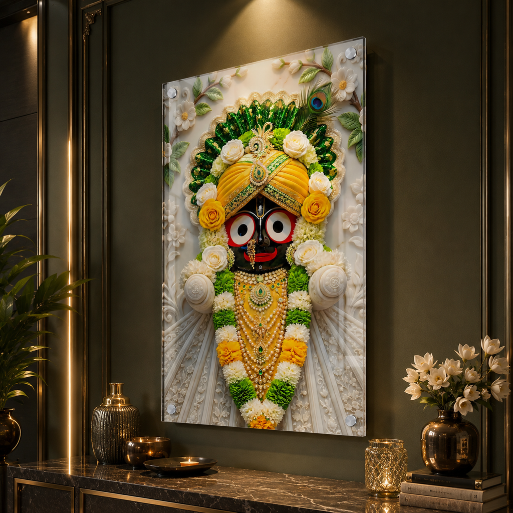 Exclusive Lord Jagannath Acrylic Marble Style Wall Painting with Elegant Floral Temple Design