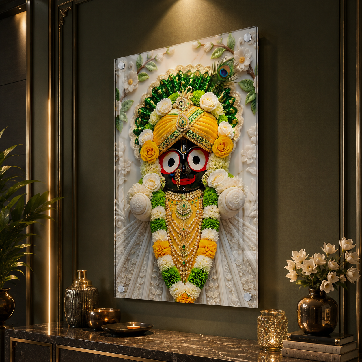 Exclusive Lord Jagannath Acrylic Marble Style Wall Painting with Elegant Floral Temple Design