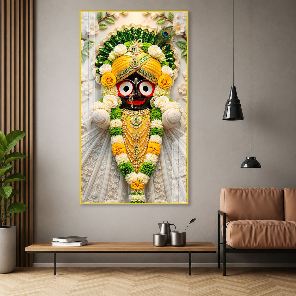 Exclusive Lord Jagannath Acrylic Marble Style Wall Painting with Elegant Floral Temple Design