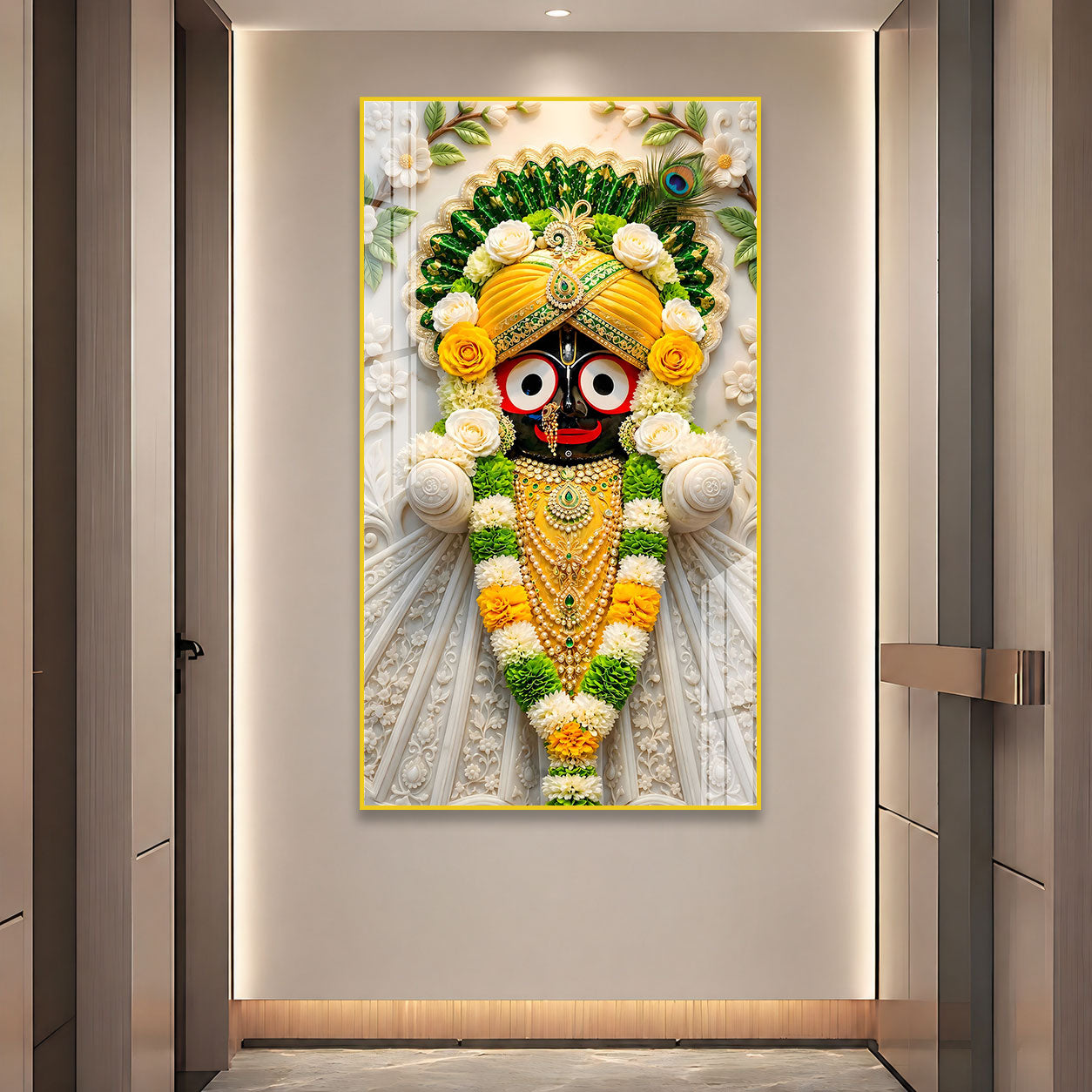 Exclusive Lord Jagannath Acrylic Marble Style Wall Painting with Elegant Floral Temple Design
