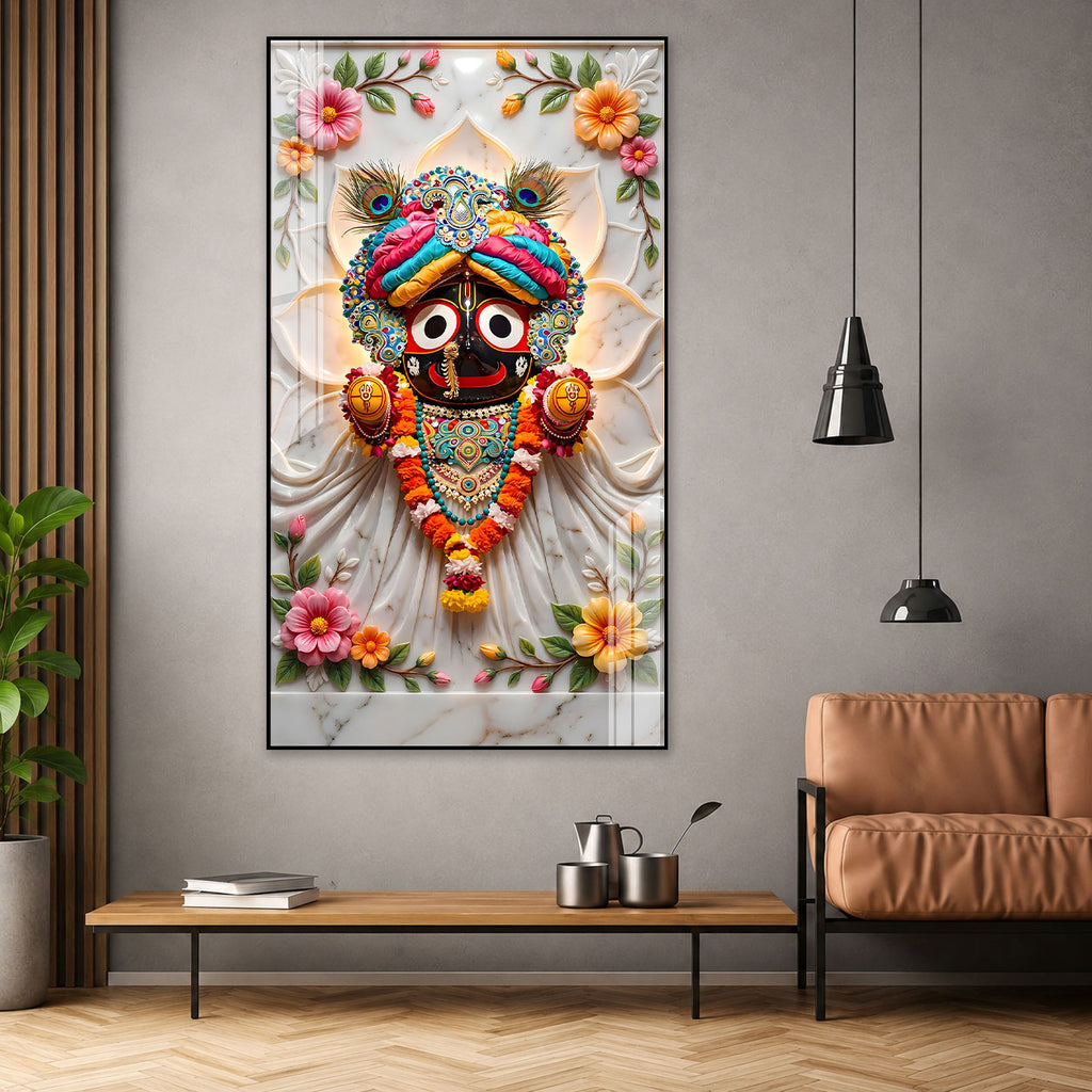 Modern Lord Jagannath Acrylic Wall Frame with Decorative Marble Background and Floral Artwork