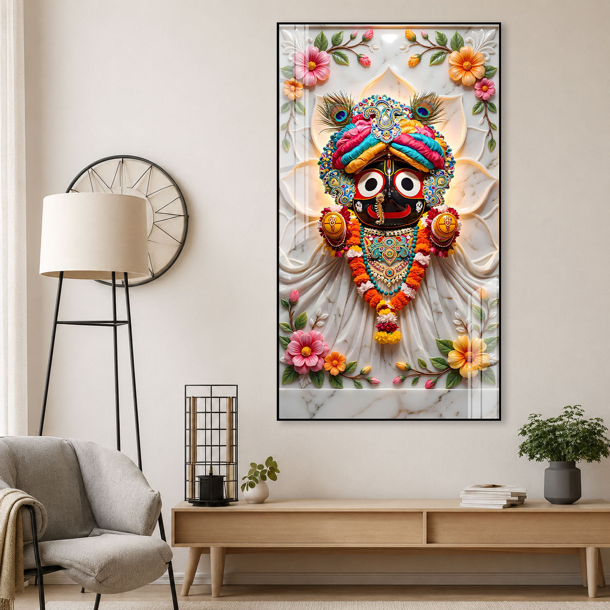 Modern Lord Jagannath Acrylic Wall Frame with Decorative Marble Background and Floral Artwork