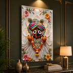 Modern Lord Jagannath Acrylic Wall Frame with Decorative Marble Background and Floral Artwork