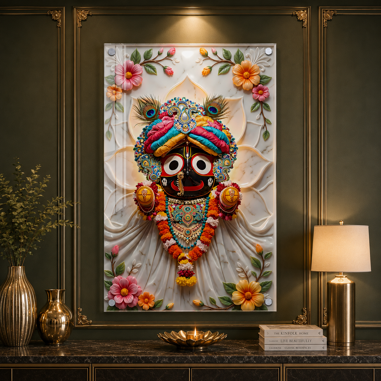 Modern Lord Jagannath Acrylic Wall Frame with Decorative Marble Background and Floral Artwork
