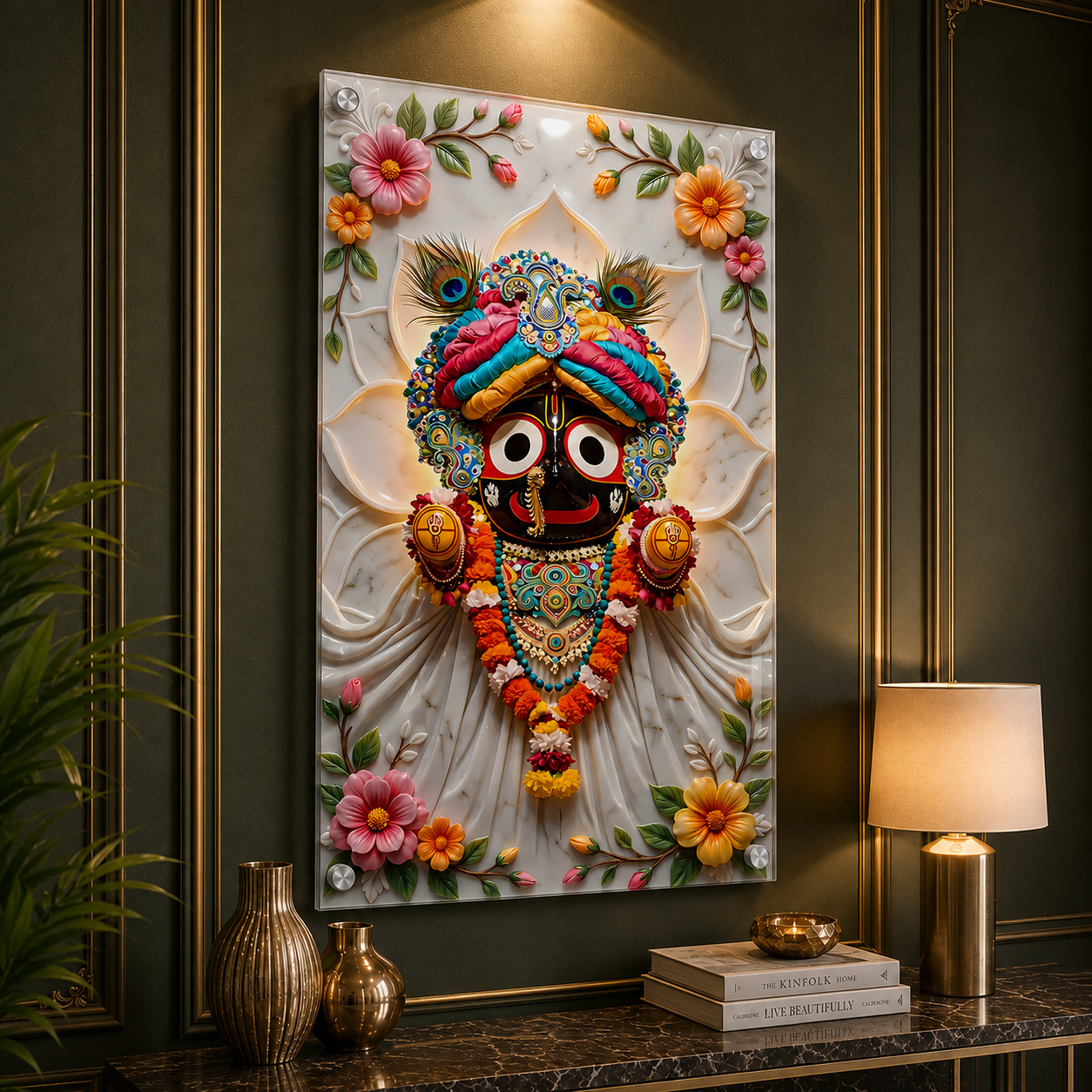 Modern Lord Jagannath Acrylic Wall Frame with Decorative Marble Background and Floral Artwork