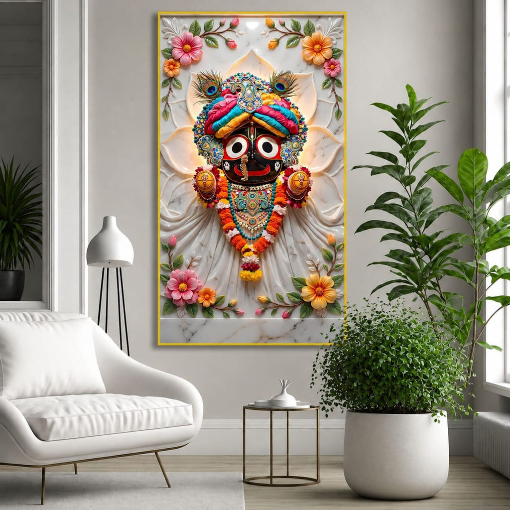 Modern Lord Jagannath Acrylic Wall Frame with Decorative Marble Background and Floral Artwork
