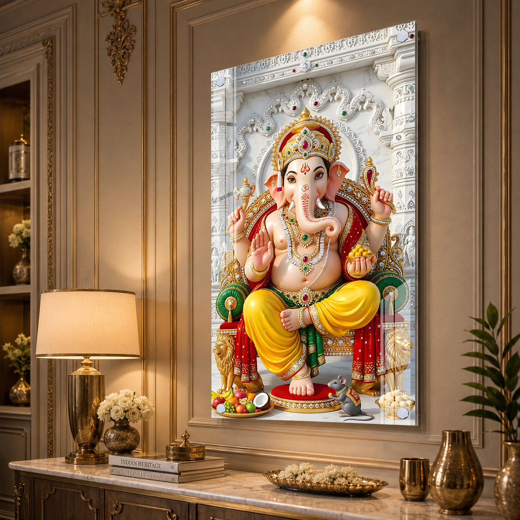 Luxury Ganpati Bappa Acrylic Painting | Hindu Spiritual Wall Decor for Home and Mandir