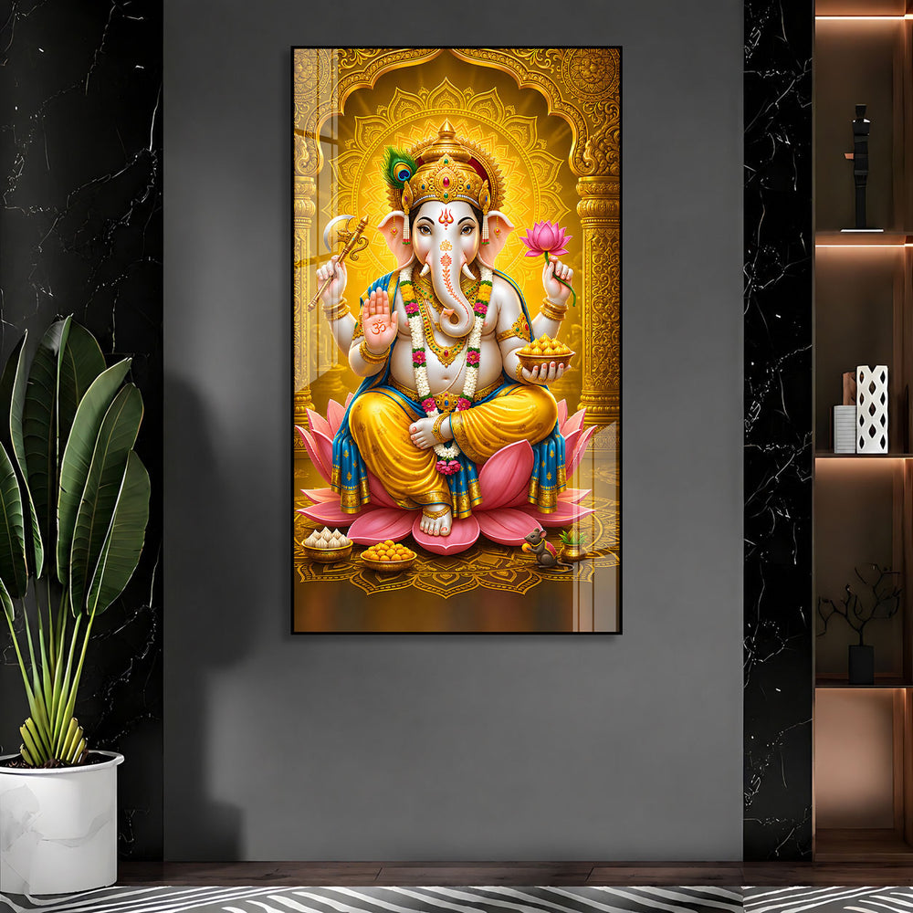 Royal Ganpati Bappa with Golden Crown Acrylic Wall Painting for Home Decor
