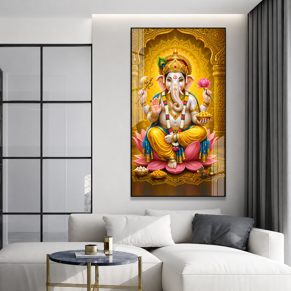 Royal Ganpati Bappa with Golden Crown Acrylic Wall Painting for Home Decor