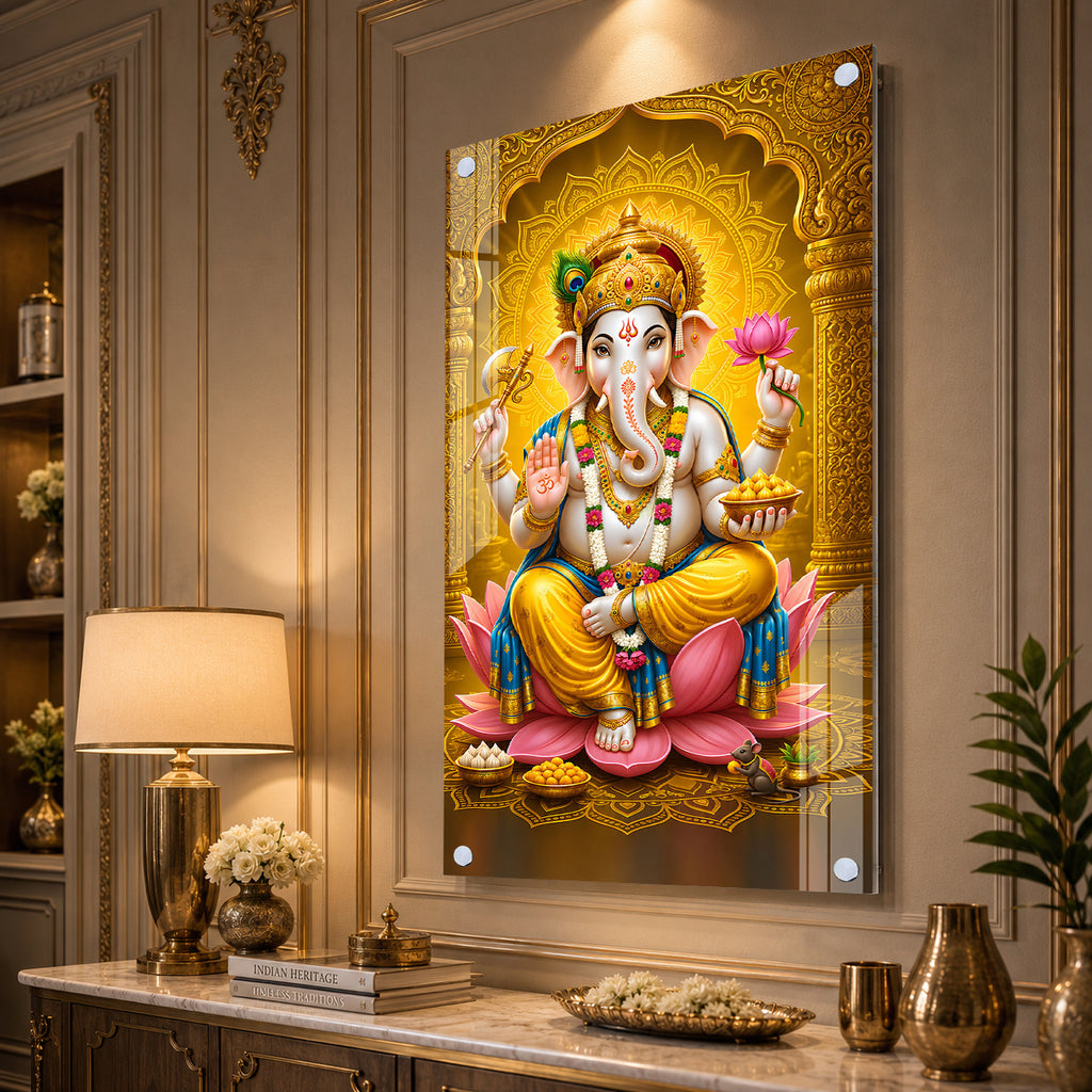 Royal Ganpati Bappa with Golden Crown Acrylic Wall Painting for Home Decor