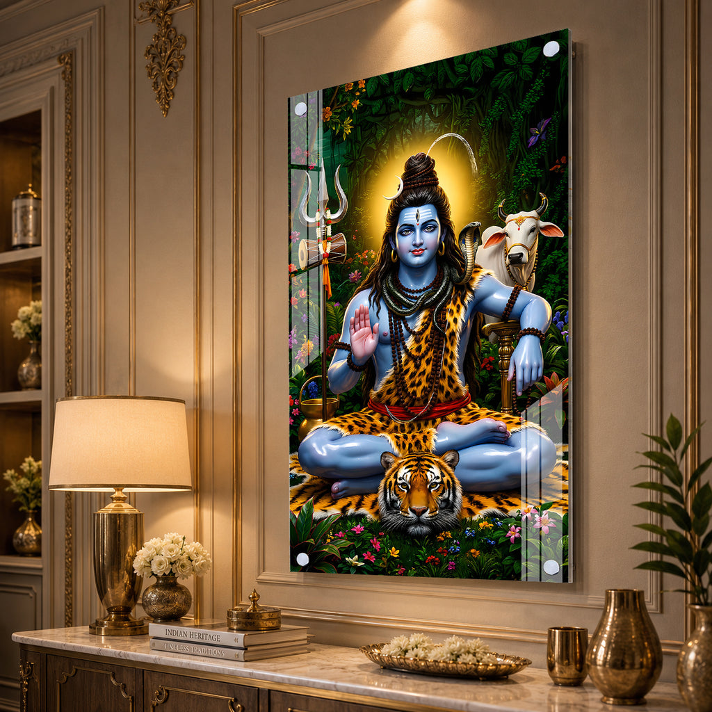 Beautiful Bholenath Acrylic Wall Painting with Nandi Bull and Sacred Trishul for Home