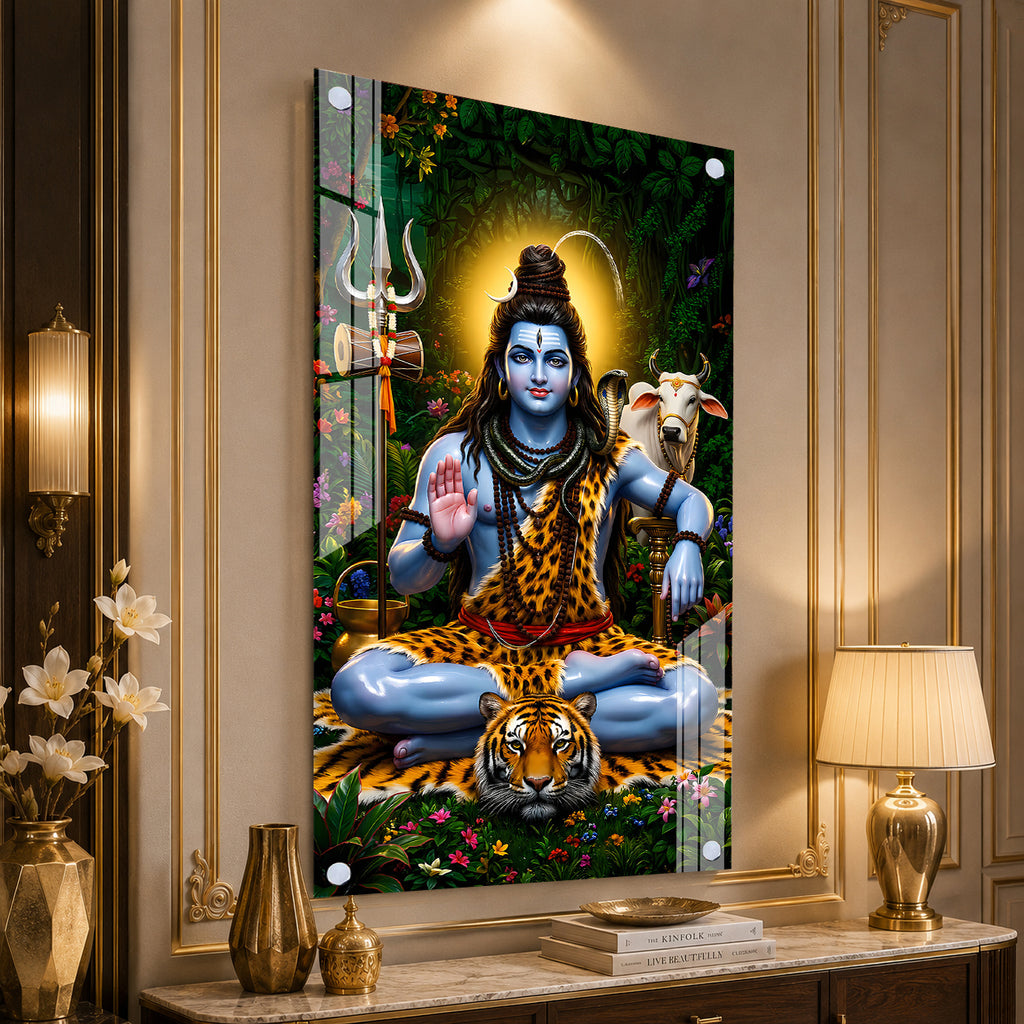 Beautiful Bholenath Acrylic Wall Painting with Nandi Bull and Sacred Trishul for Home