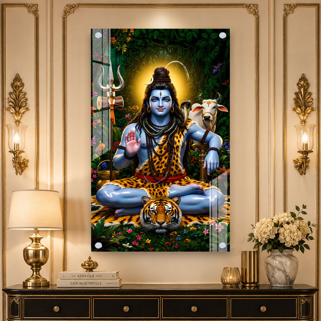 Beautiful Bholenath Acrylic Wall Painting with Nandi Bull and Sacred Trishul for Home