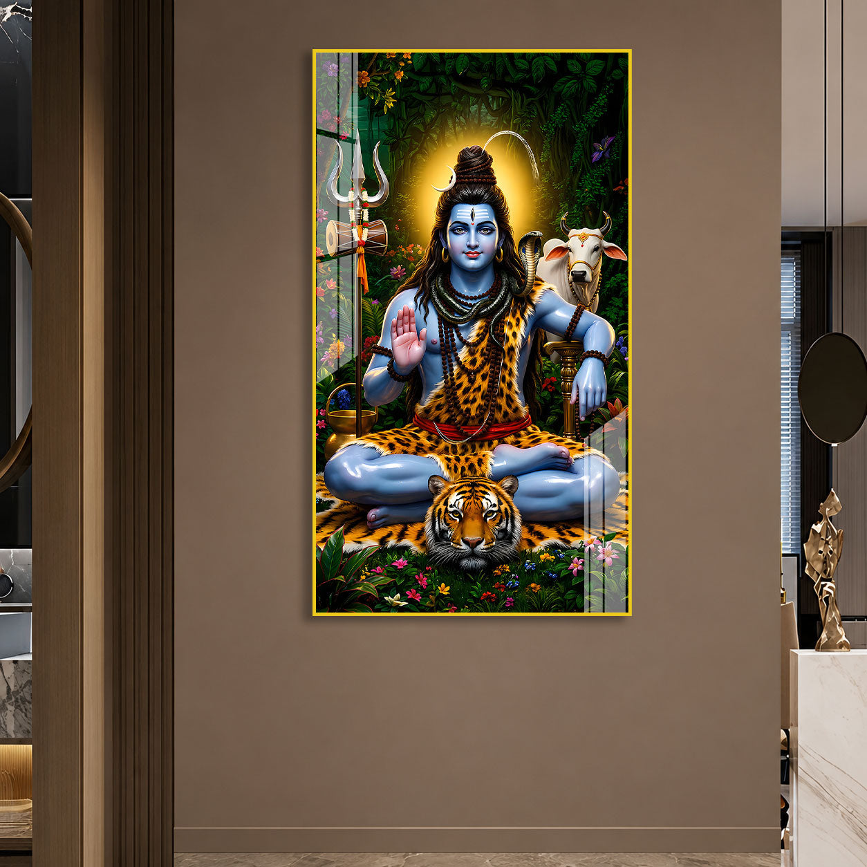 Beautiful Bholenath Acrylic Wall Painting with Nandi Bull and Sacred Trishul for Home