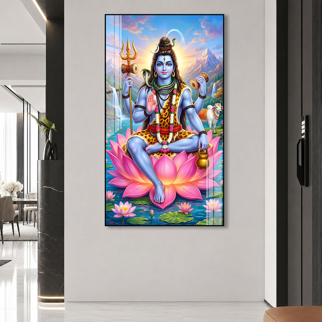 Elegant Mahakal Acrylic Wall Painting with Nandi, Waterfall and Sacred Lotus Artwork