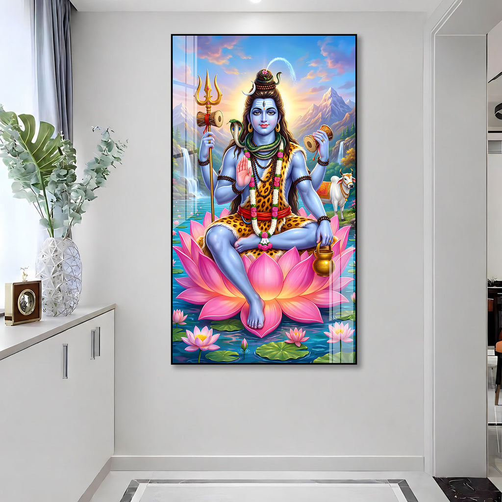 Elegant Mahakal Acrylic Wall Painting with Nandi, Waterfall and Sacred Lotus Artwork