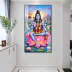 Elegant Mahakal Acrylic Wall Painting with Nandi, Waterfall and Sacred Lotus Artwork