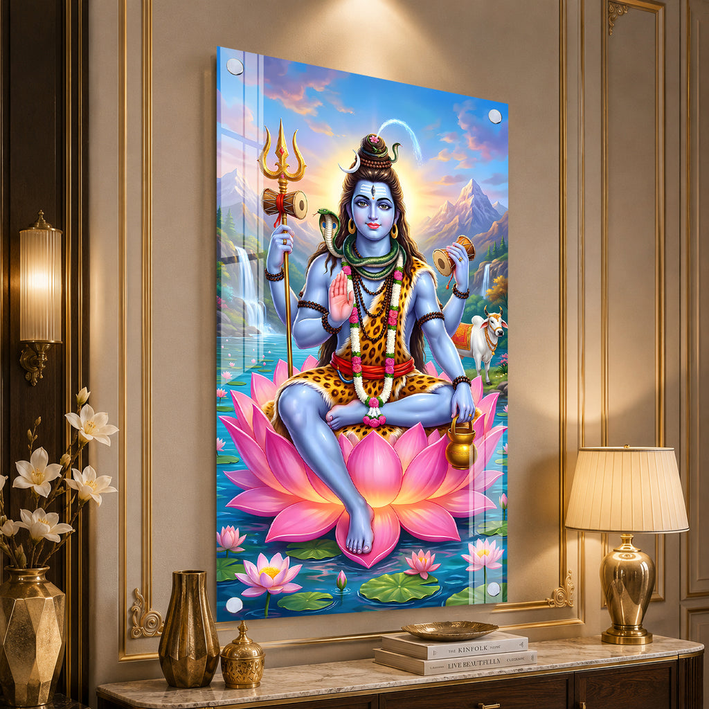 Elegant Mahakal Acrylic Wall Painting with Nandi, Waterfall and Sacred Lotus Artwork