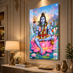 Elegant Mahakal Acrylic Wall Painting with Nandi, Waterfall and Sacred Lotus Artwork