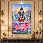 Elegant Mahakal Acrylic Wall Painting with Nandi, Waterfall and Sacred Lotus Artwork