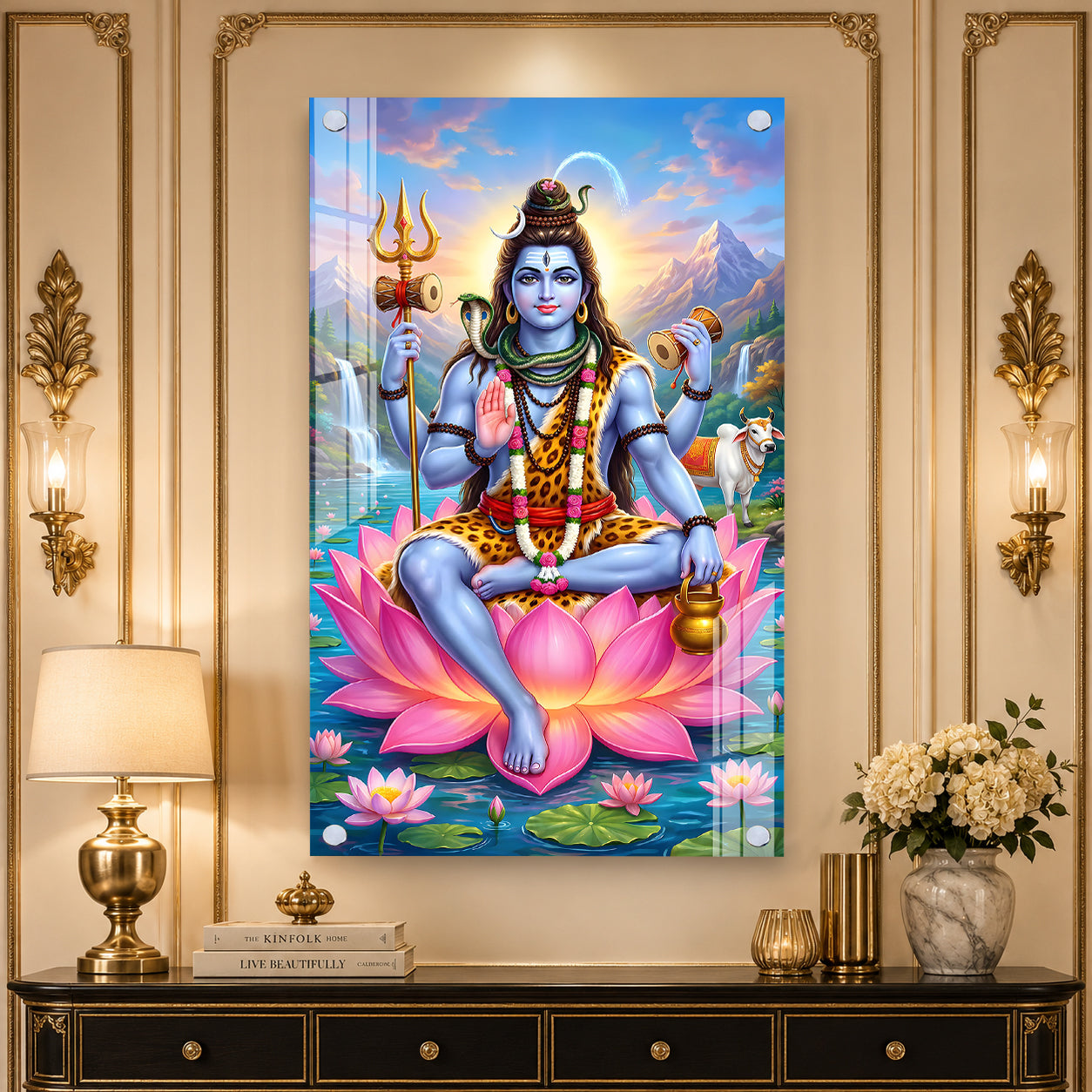 Elegant Mahakal Acrylic Wall Painting with Nandi, Waterfall and Sacred Lotus Artwork