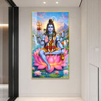 Elegant Mahakal Acrylic Wall Painting with Nandi, Waterfall and Sacred Lotus Artwork