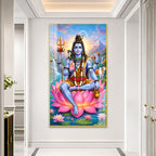 Elegant Mahakal Acrylic Wall Painting with Nandi, Waterfall and Sacred Lotus Artwork