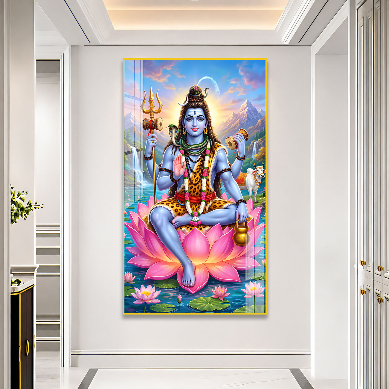 Elegant Mahakal Acrylic Wall Painting with Nandi, Waterfall and Sacred Lotus Artwork