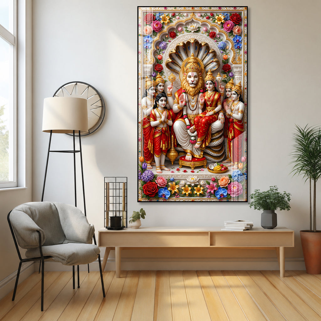 Luxury High Definition Lakshmi Narasimha Acrylic Wall Painting for Temple, Hall, Living Room