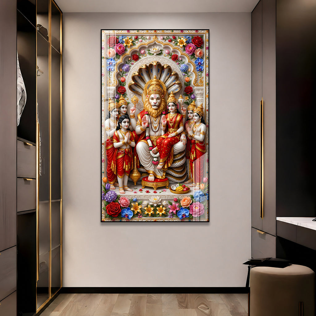 Luxury High Definition Lakshmi Narasimha Acrylic Wall Painting for Temple, Hall, Living Room